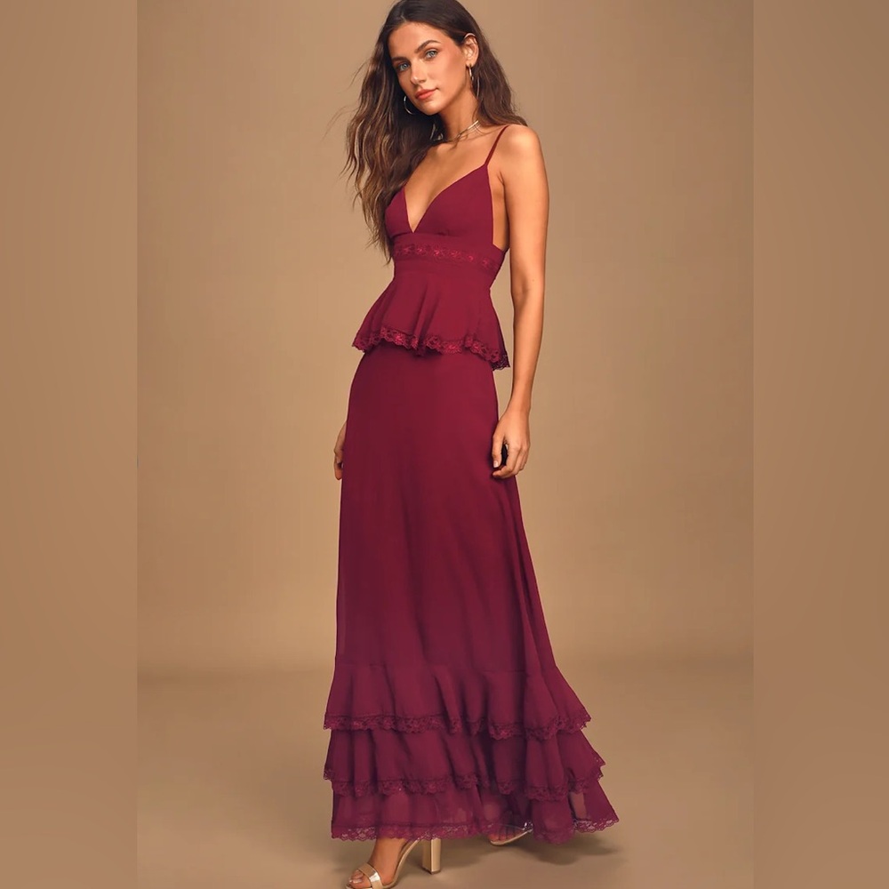 Lulu's Deep Red Maxi Dress, Elegant Tiered, Lace and Ruffles, New with Tags